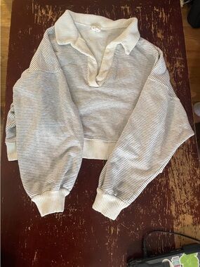 By Together Striped Collared Cropped Sweatshirt - Cream & Light Gray